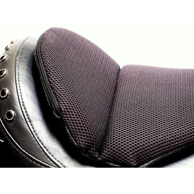 Gel seat cushion with cover, on top of a motorcycle seat