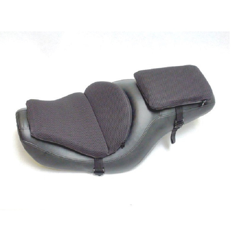 Motorcycle seat with gel seat pads strapped to the top